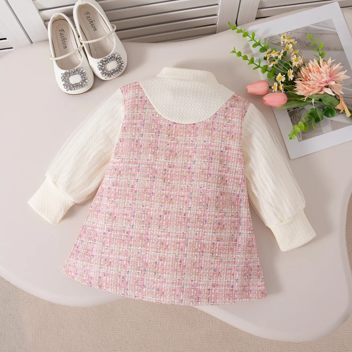 (0-3 Years Old) New Fall Girls Dress Round Neck Bow Plaid Pearl Button Sweet Princess Dress Birthday Party Team Dress