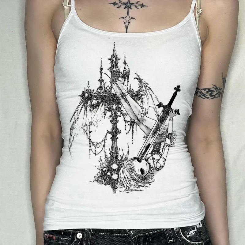 Gothic Alt Women Dark Doll Sword Cross Art Print Long Sleeve Tee Round Neck Slim Y2K Edgy Aesthetic Fitted Top
