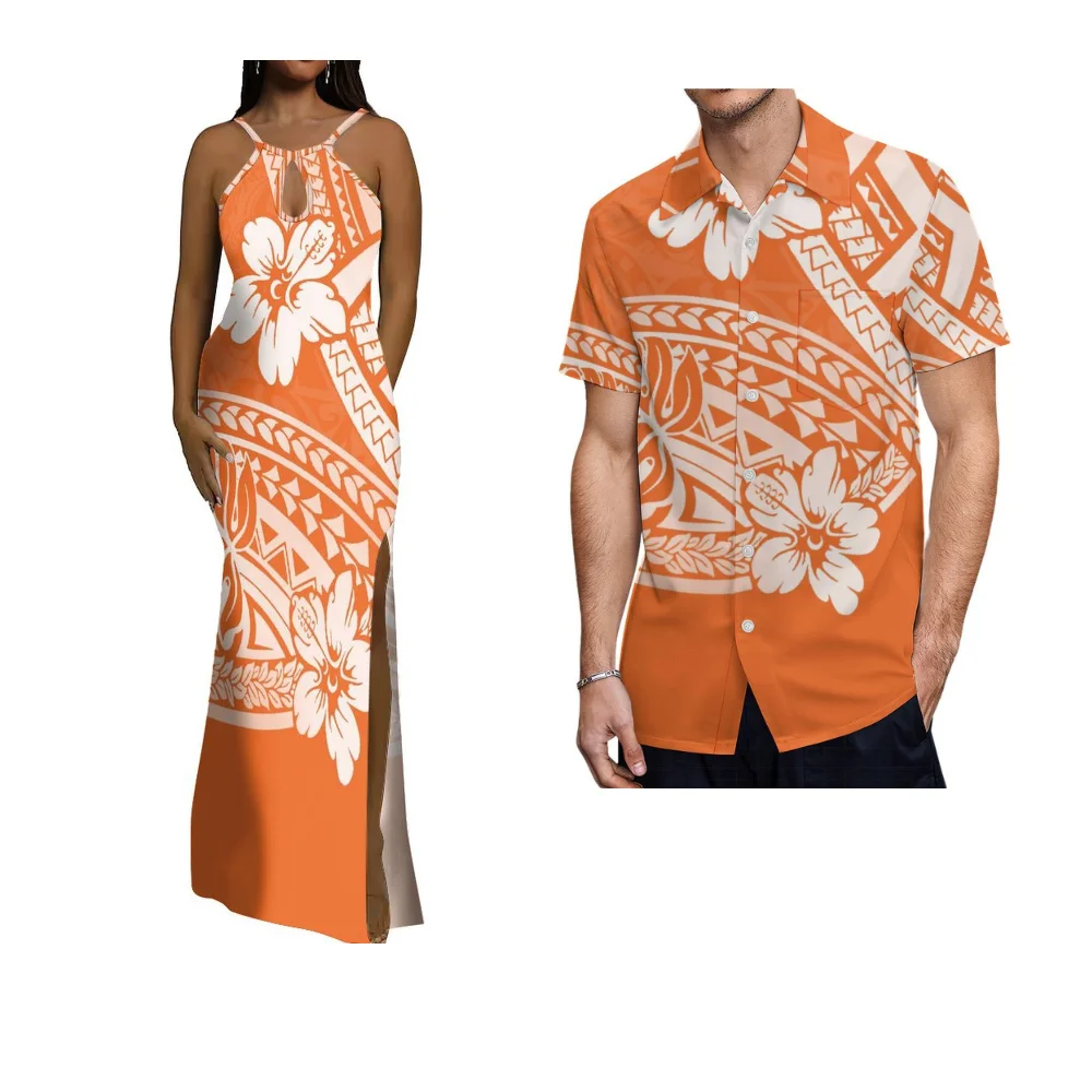 Abbigliamento da coppia dell'Isola Samoan Abito estivo senza maniche slim fit da donna Camicia da uomo Abito polinesiano sexy con spacco con scollo profondo
