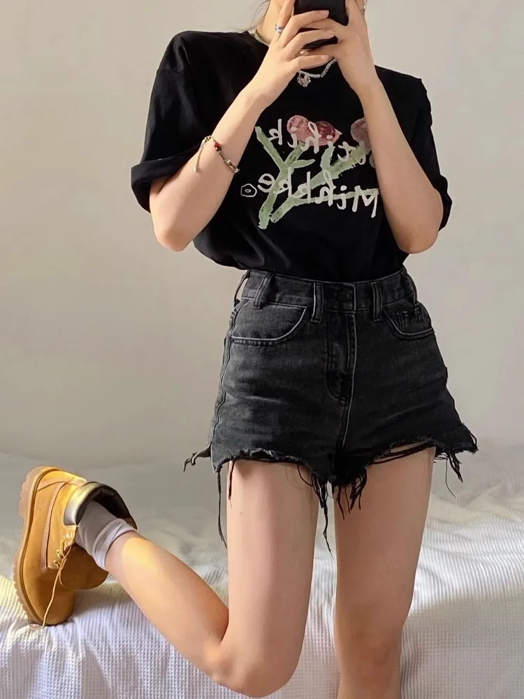 

High Waist Wide Leg Short Jeans Women's plus Size A-Line Slimming Hot Pants Summer New Style Black Denim Pants for Fat MM