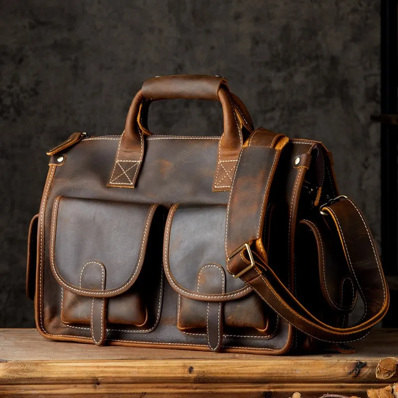 Vintage Men Satchels Messenger Bag Genuine Leather Luxury Man Handbags High Quality Crazy Horse Leather Male Travel Bags