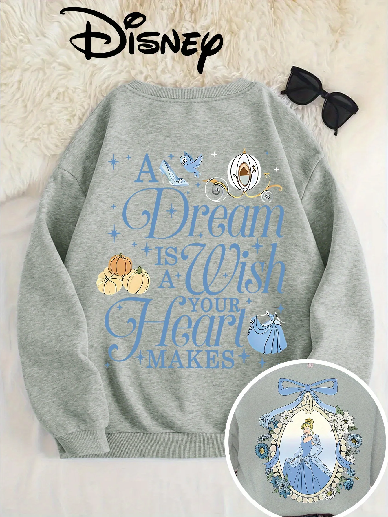 Sudadera de mujer inspirada en Cenicienta de Disney con jersey de cuello redondo "Los sueños son onde los corazones".