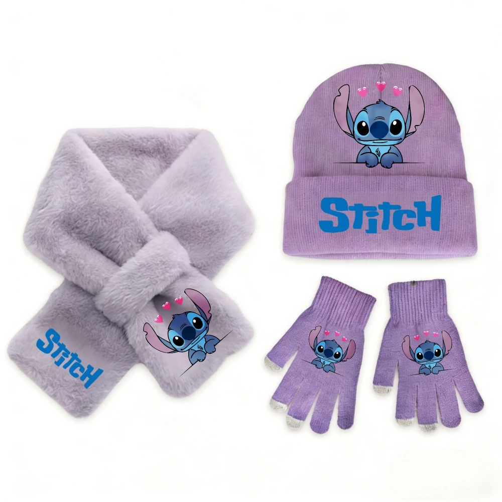 3 個ディズニーステッチファッションカジュアルアクセサリー冬暖かいかわいいニット帽子スカーフグローブセット女の子子供用完璧なクリスマスギフト
