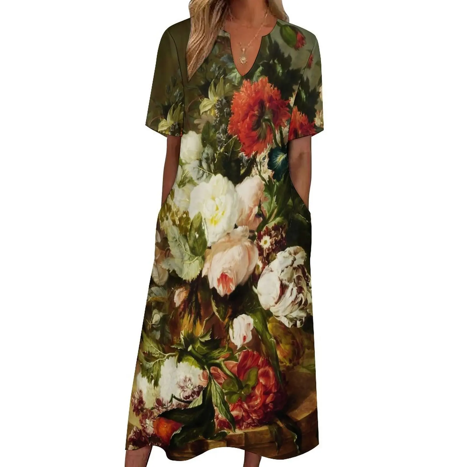 

Floral Oil Painting Dress Vintage Flower Elegant Maxi Dress Korean Fashion Casual Long Dresses Summer V Neck Vestido 3XL 4XL 5XL