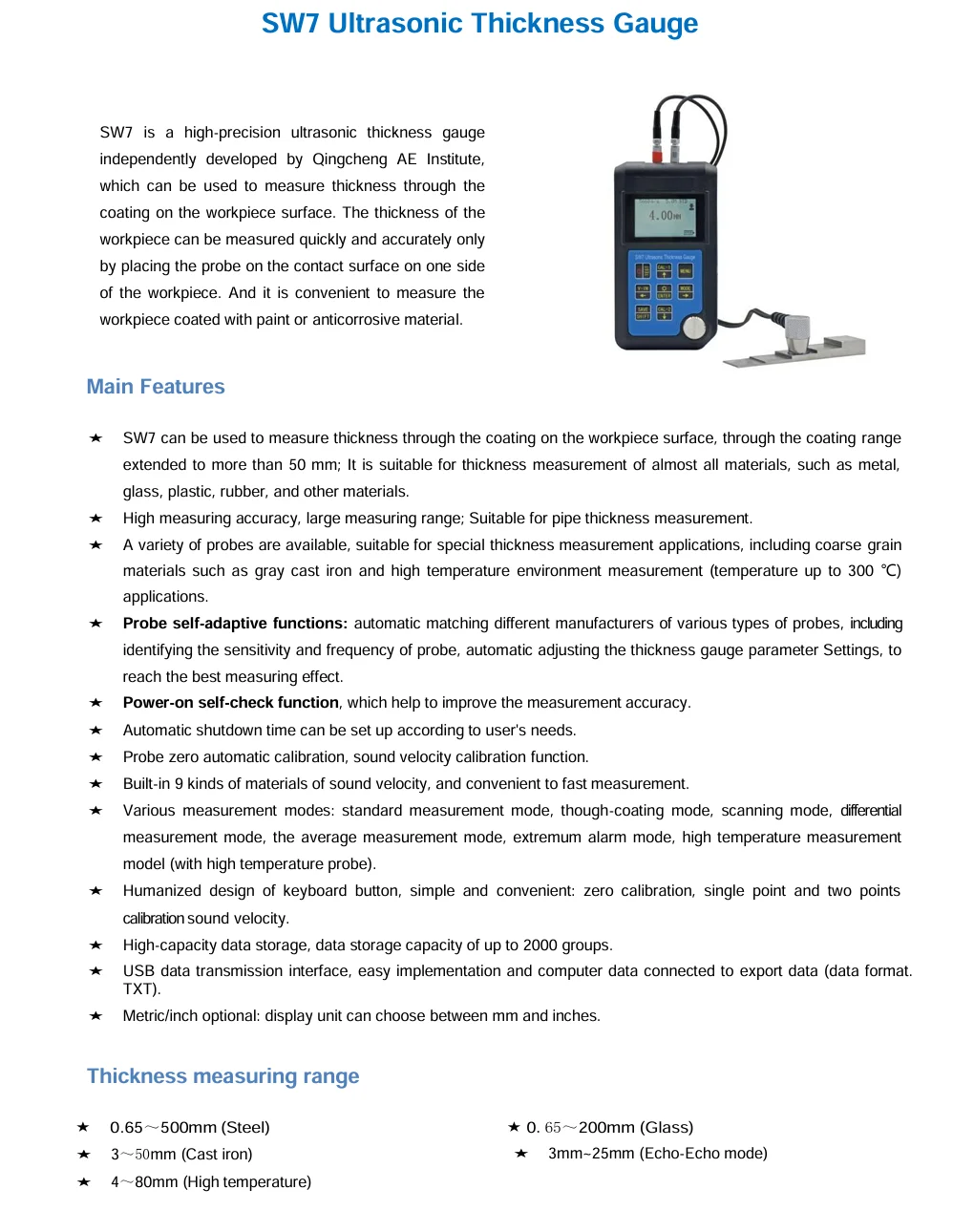 SW7 Portable Ultrasonic Thickness Gauge / E-E (Echo-Echo) Through Paint & Coatin