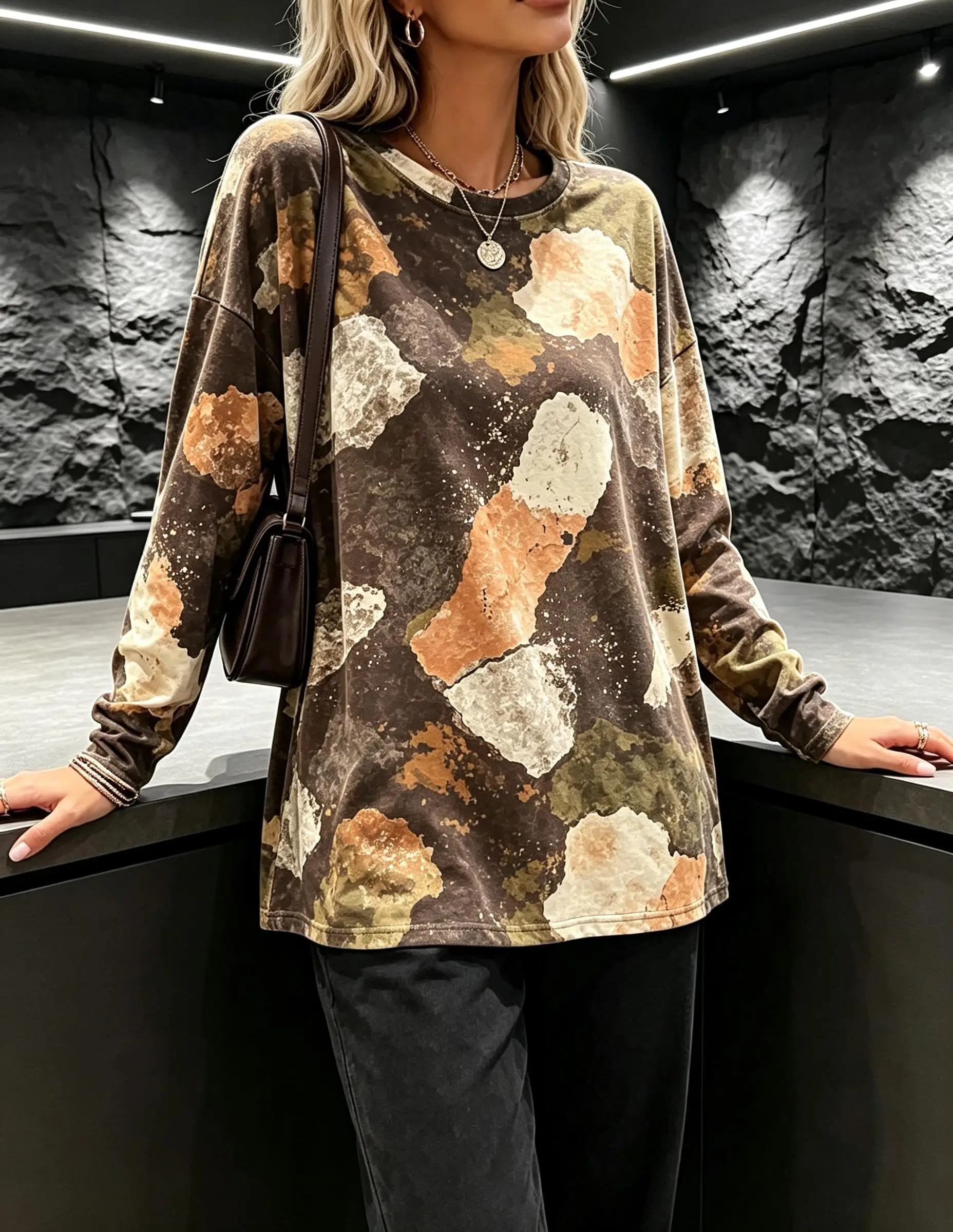 Women Crew Neck Long Sleeve T Shirt Vintage Faux Camo Splatter Texture Flat Print Oversized Loose Casual Top