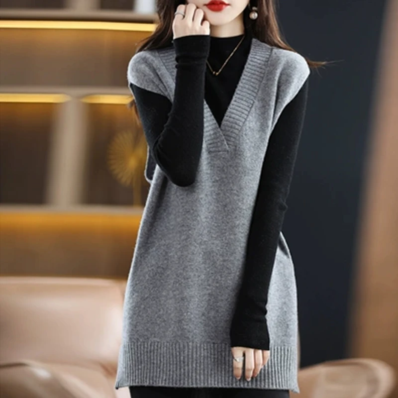 Autumn Winter New Cashmere Vest Sleeveless V-neck Loose Casual All-match Knitted Tunics Women Clothing Sweater Tops