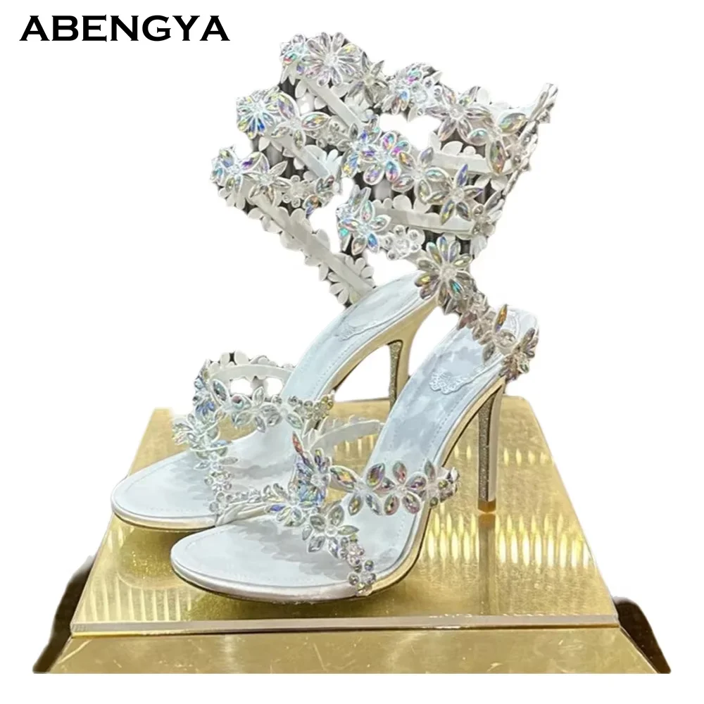 Summer New Leather Gladiator Sandals Women Open Toe Crystal High Heel Dress Shoes Designer Fashion Party Wedding Shoes For Women