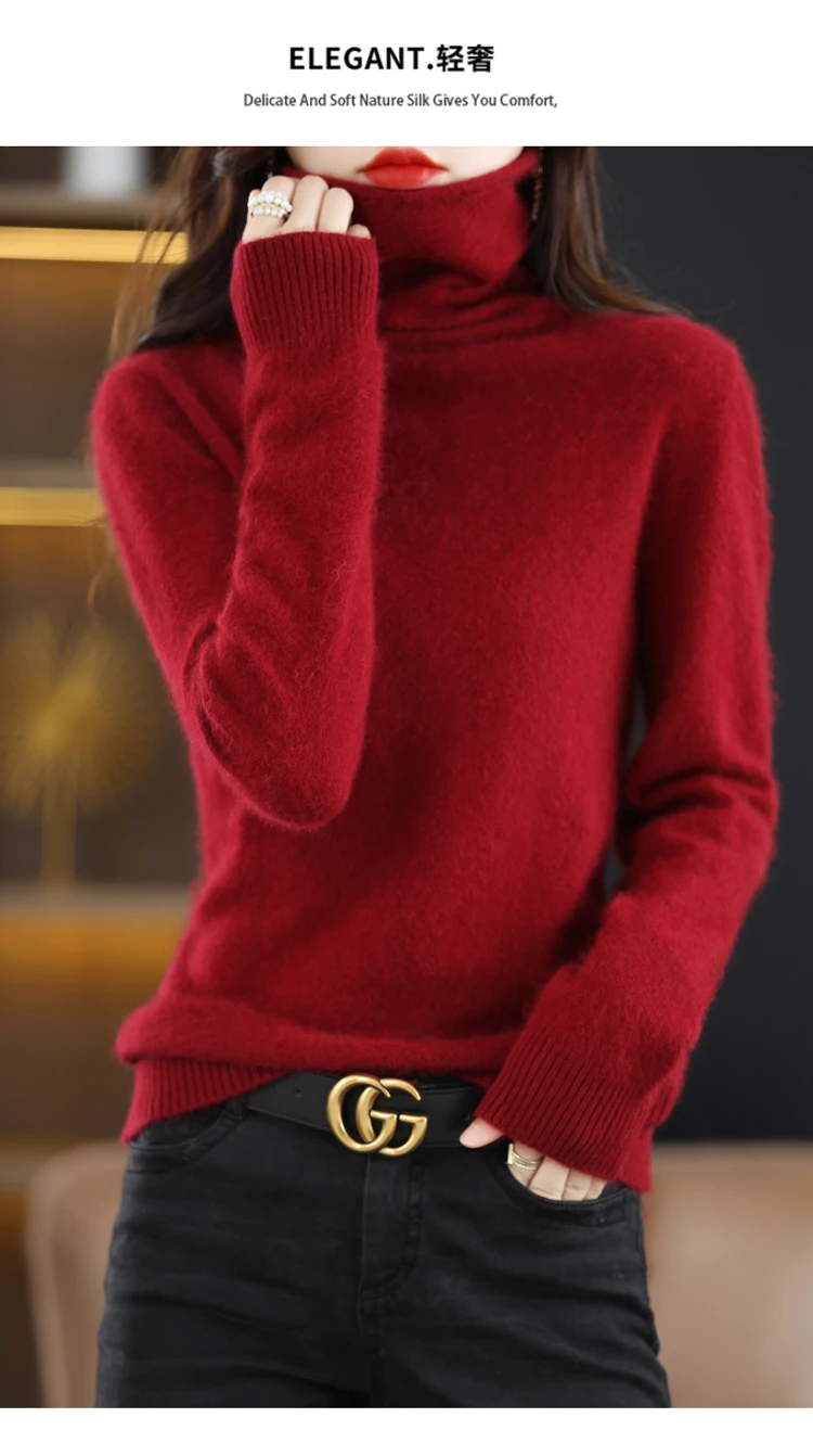 Autumn and Winter 2022 Women's High Neck Pullover 100% Pure Mink Cashmere Sweater Knitted Soft Fashion Women's Clothing
