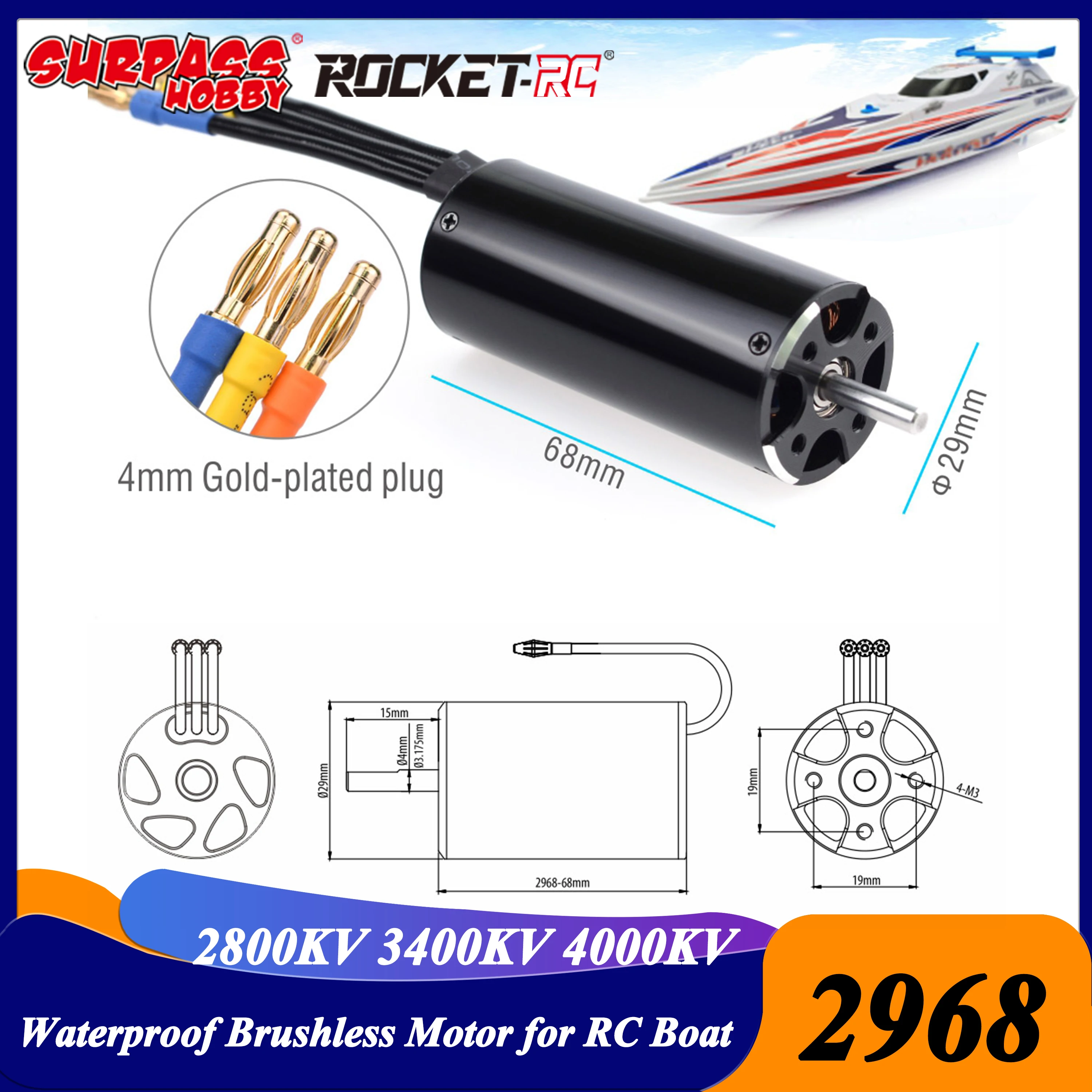 

Surpass Hobby Rocket 2968 3.175mm Shaft 2800KV 3400KV 4000KV Waterproof Brushless Motor for 600-800mm RC Boat Feilun Traxxas