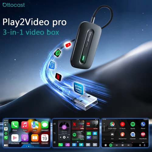 Imagen 1 del producto Ottocast Play2 Video Pro Ai Box Adaptador inalámbrico CarPlay Android Auto con Youtube, Netflix, Iptv integrado para automóvil con Carplay por cable