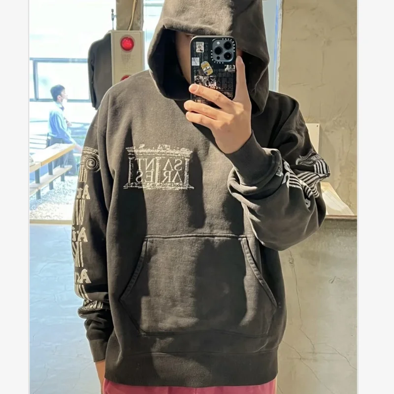 Vintage Washed Black Hoodie Saint Pattern Print Men Women Sweatshirt High Quality Oversized Casual Hooded Pullover