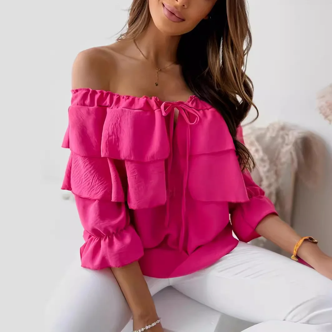 New 2025 Women's Shirt One-Linged Ruffled Girl Hot Girl Top Brown Mid-Sleeve Black Fashion Off-Shoulder Blouses