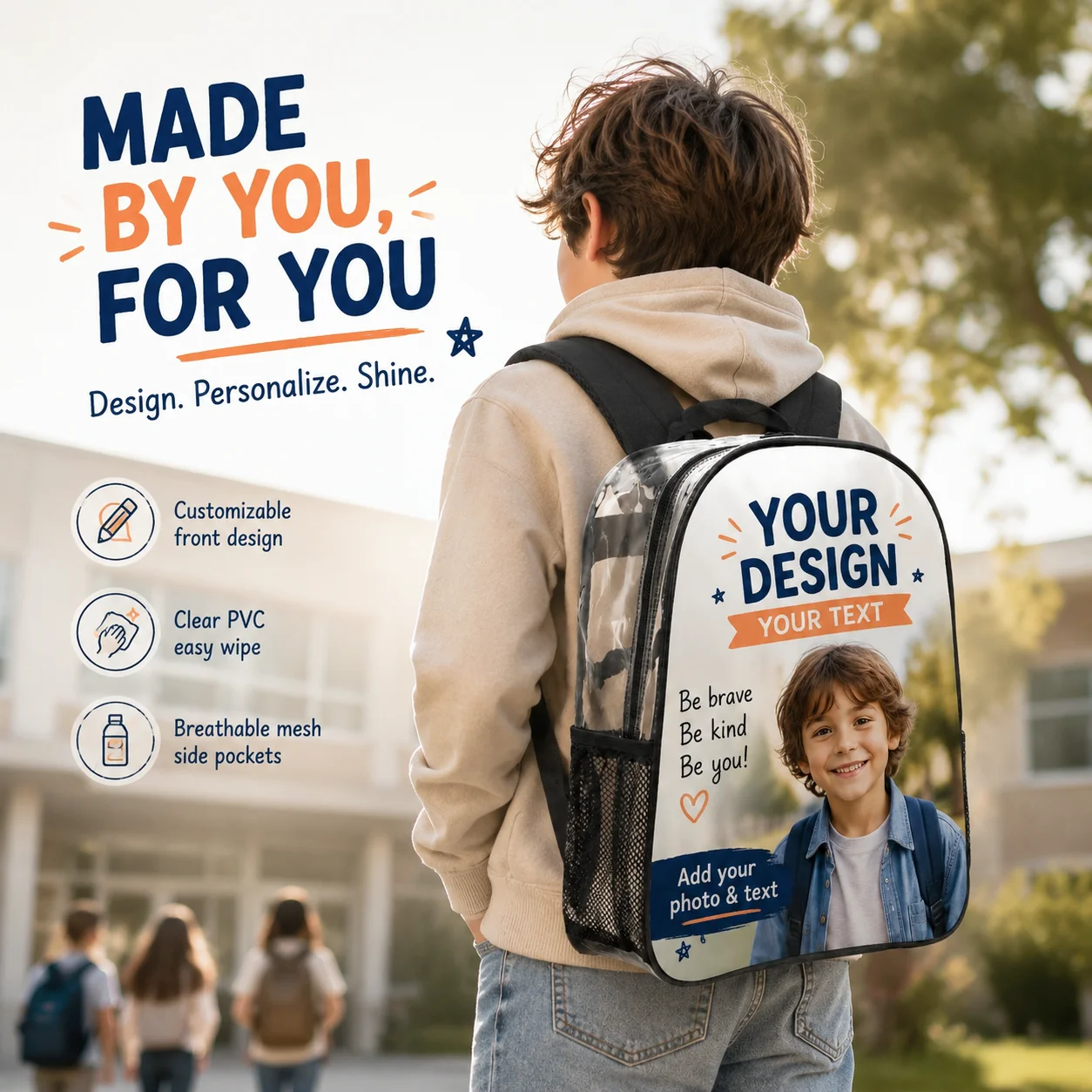 Custom Print Clear PVC Transparent Backpack Stadium Approved Waterproof School Bag Mesh Pocket Casual Travel Knapsack