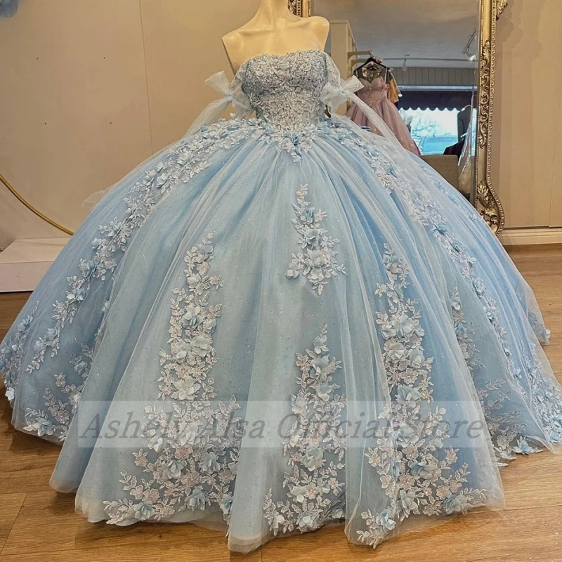 Vestidos Quinceanera sem alças para meninas de primeiro ano, Lace Applique Puffy saia, Real Picture, Ice Blue, Vestido De XV, Idades 12