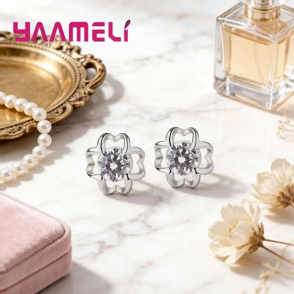 Delicate 925 Sterling Silver Flower Shape Crystal Cubic Zircon Stud Earrings  for Women Girls Wedding Party Fashion Jewelry Gift