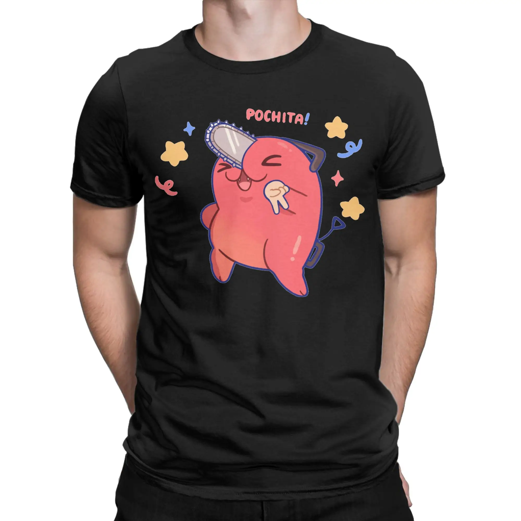 Humorous Pochita Chainsawmans T-Shirt for Men Women Crewneck Pure Cotton T Shirts Manga Anime Tees Plus Size Clothing