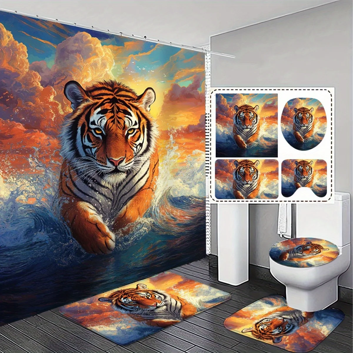 

4pcs. Luxurious Tiger Print High Quality Shower Curtain and Non-Slip Bath Mat Set for an Ultimate Bathroom Experience Exquis