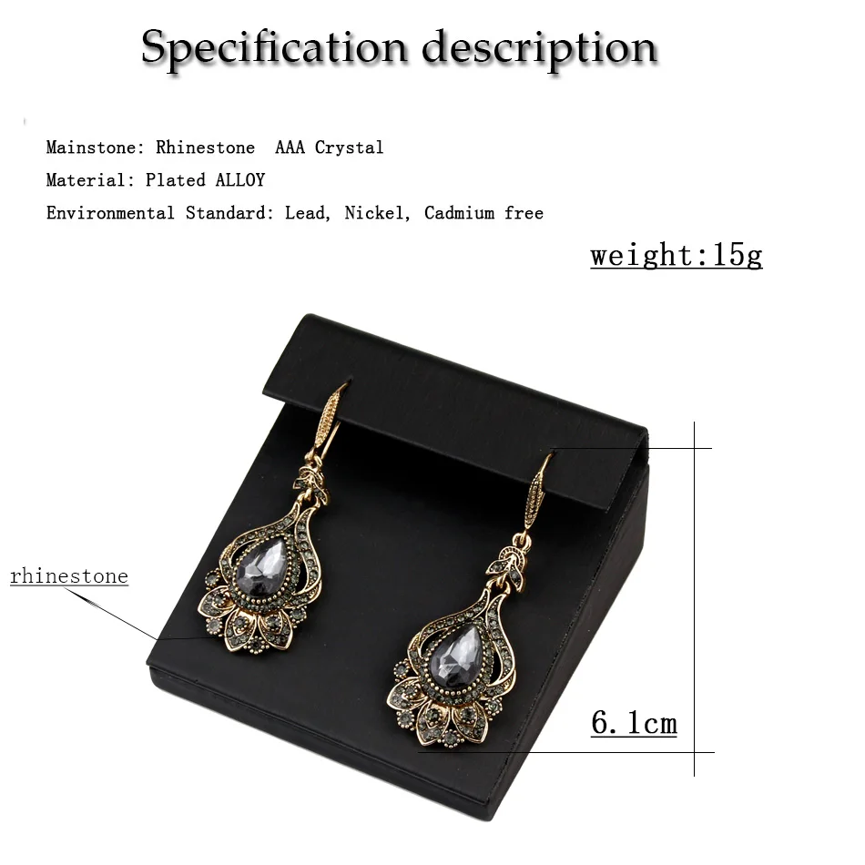 Sunspicems Luxury Boho Gray Crystal Earrings For Women Antique Gold Color Party Drop Earring Turkish Vintage Jewelry Bridal Gift