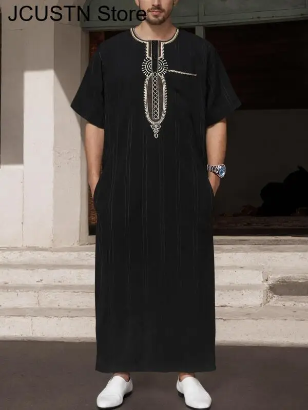 2025 New Men's Islamic Kaftan Short Sleeve Embroidered Muslim Clothing Modern Ethnic Fashion Robe Islamic Dress Ramadan Abaya