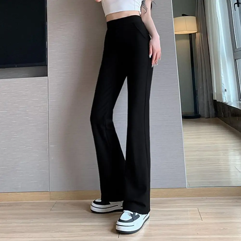 

All-Match Women Fashion Elastic Waist Black Flared Pants Solid Color High Waist Wide Leg Trousers Casual Hipster Streetwear