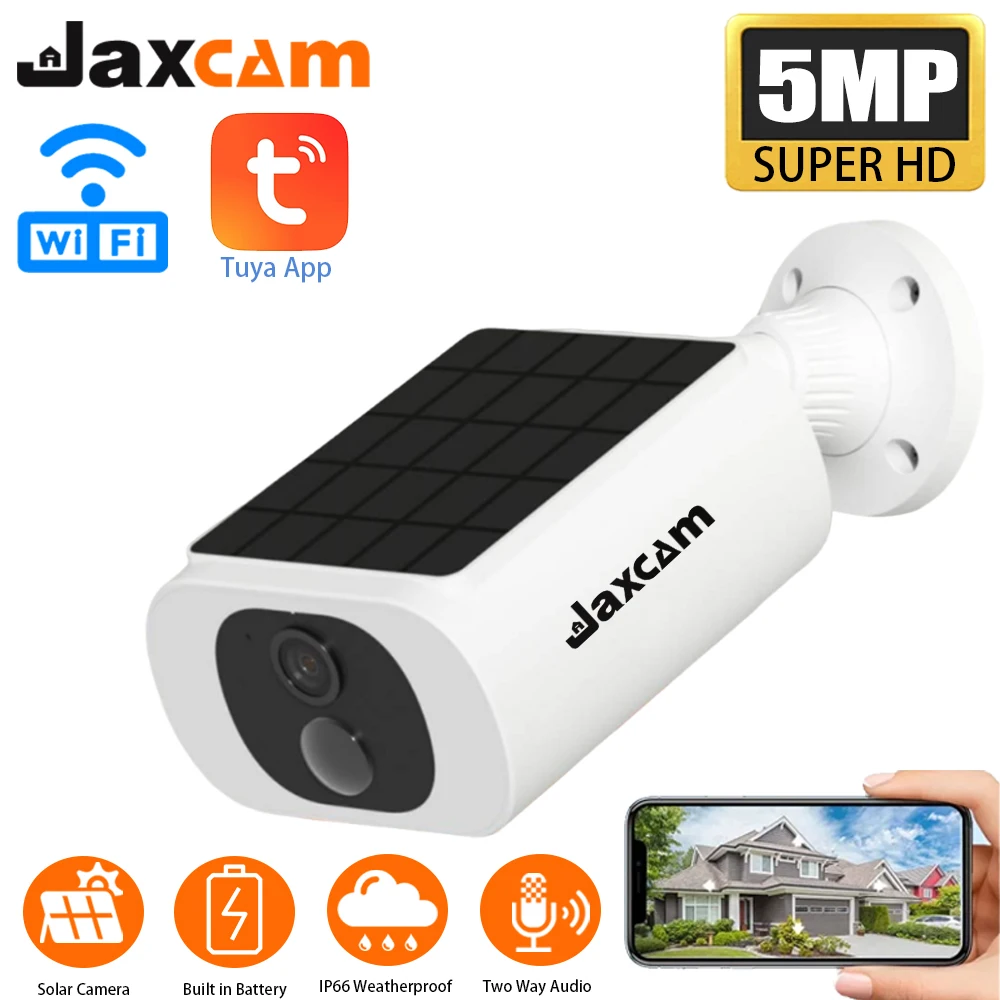 

Jaxcam 5MP Беспроводная солнечная камера Наружное наблюдение Встроенный аккумулятор Wi-Fi камера Обнаружение гуманоидов Вспышка сигнализации Ночное видение