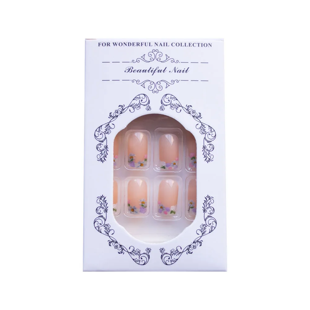 24個入り フレンチプレスオンネイル 春夏の花柄 スクエア型 人工つけ爪 シームレス 取り外し可能 フェイクネイル
