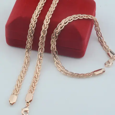 5mm 남자 여자 585 로즈 골드 컬러 브레이드 트위스트 목걸이 팔찌 세트 쥬얼리 50cm 60cm 길이