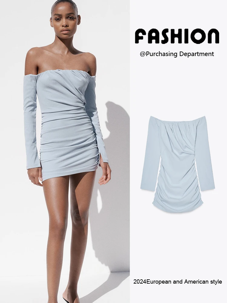 Summer New Arrival Women's Dr ZA2025 oulder Bared Straight Collar ort Gown High Waist Long Sve Pure Color Par Dr