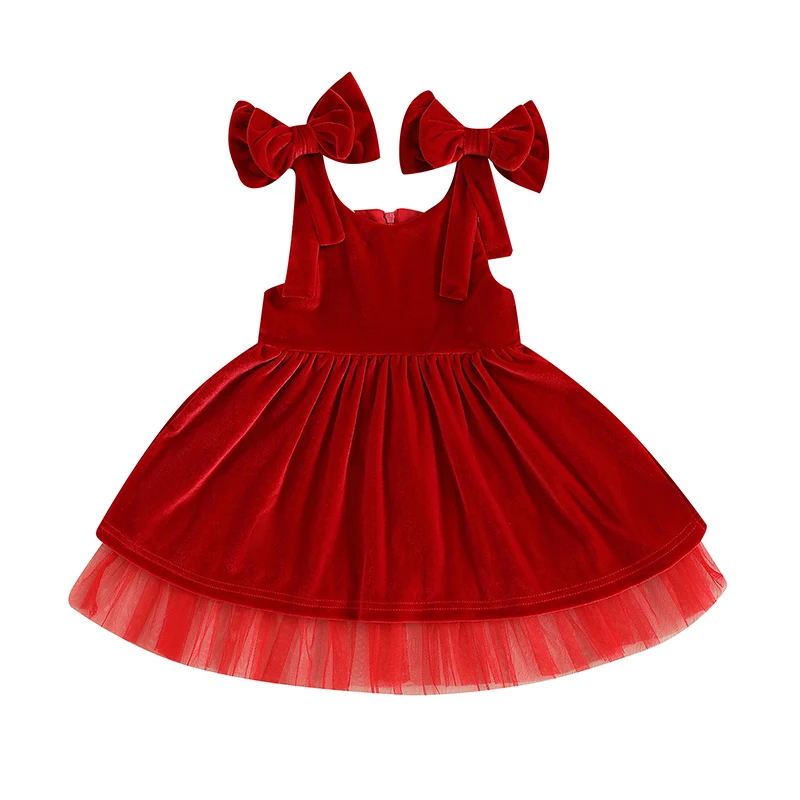 Girls Christmas Dress Sleeveless Tie-up Solid Slip Dress Princess Velvet Dress for Casual Daily