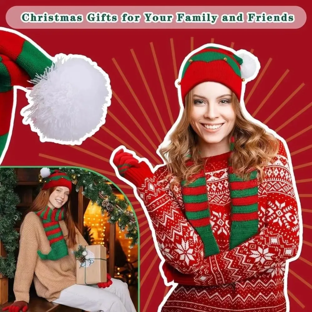 Fashion Thermal Yarn Christmas Hat Scarf Striped Pattern Gloves Xmas Beanie Acrylic Fibers Elastic Fit Santa Claus Beanie Party