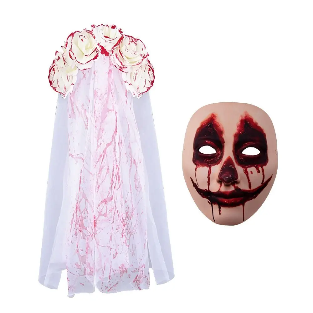 Halloween Rose Flower Headband Mask Blood Ghost Cosplay Accessories Hair Hoop with Veil Party Props Ghost Bride Headwear