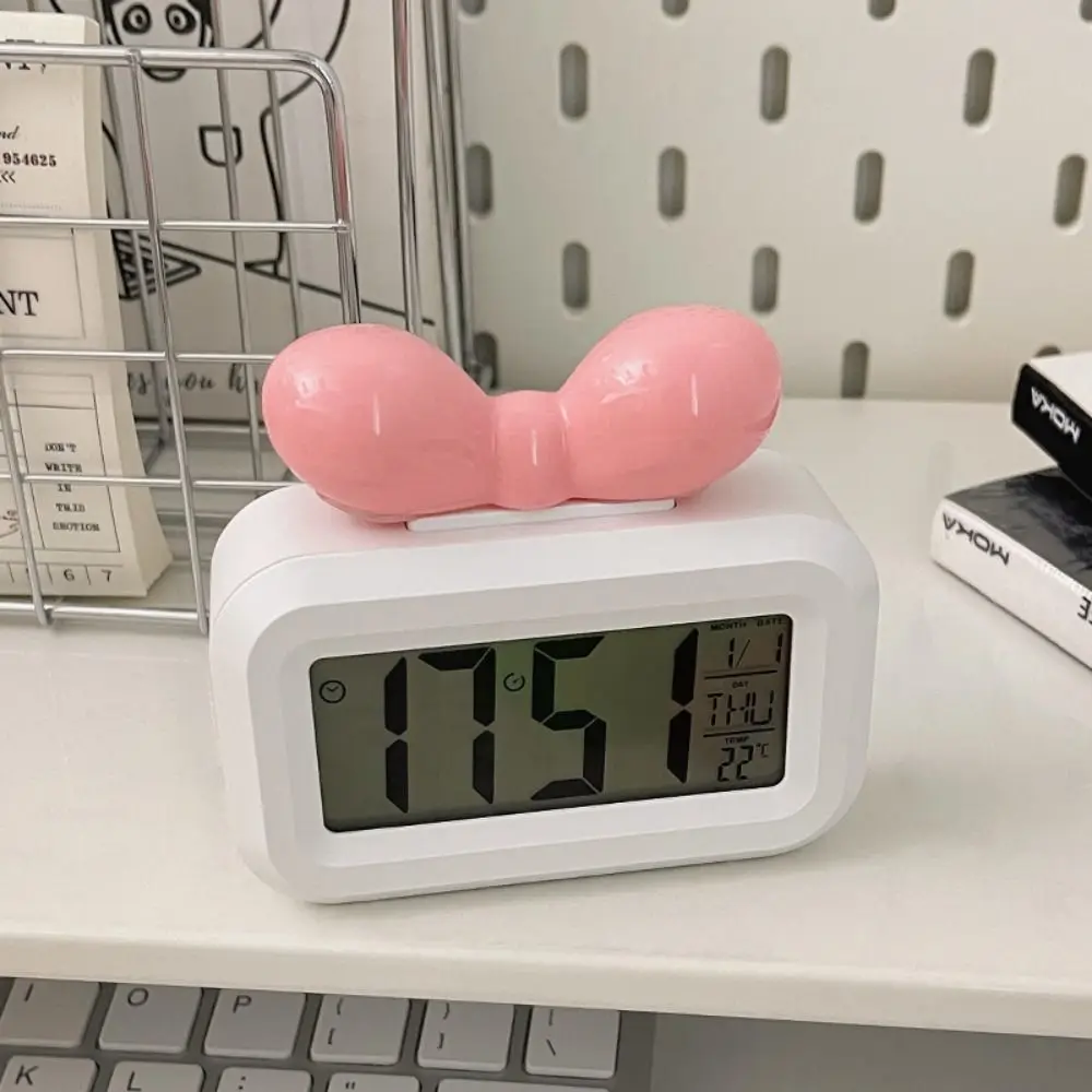 Cute Bowknot LED Digital Clock with Night Light Mini Alarm Clock Gift Temperature Detection Desktop Clock Bedside Decoration