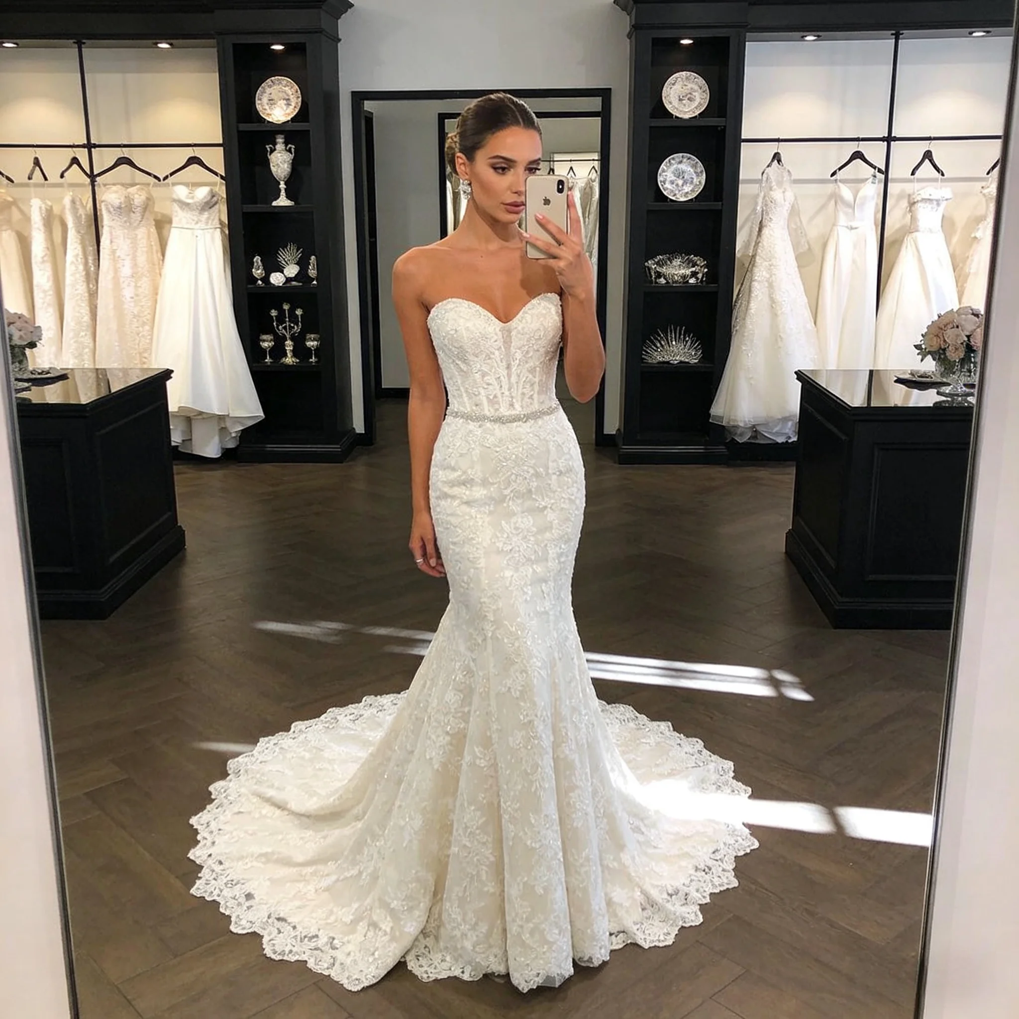 Custom Mermaid Wedding Dress Off Shoulder Lace Slim Fit Bridal Gown with Pearl Sparkle Sleeveless Customization 2026