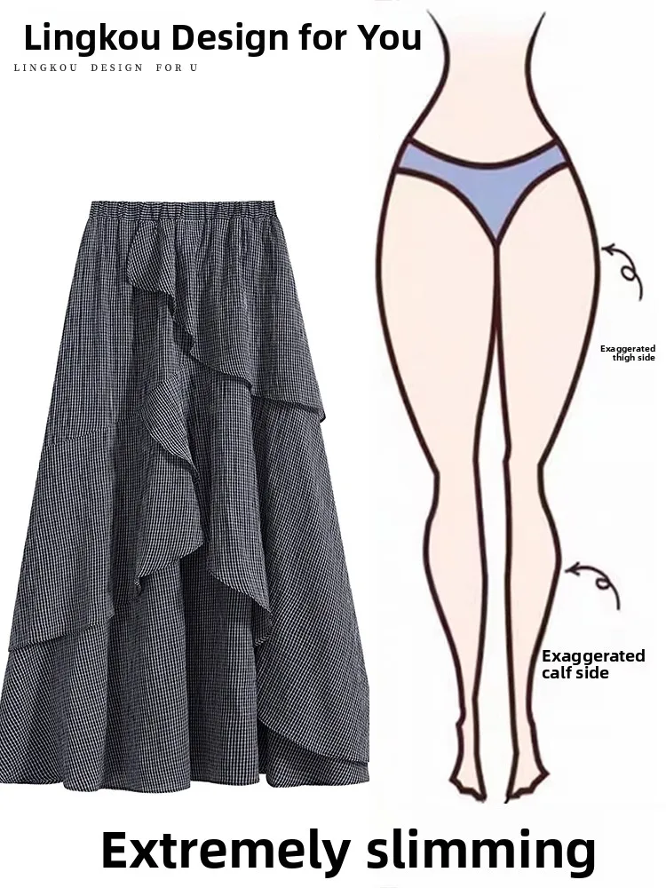 

Длинная клетчатая юбка трапециевидной формы, женская юбка с асимметричным подолом, драпированная большая юбка, корейская юбка с высокой талией
