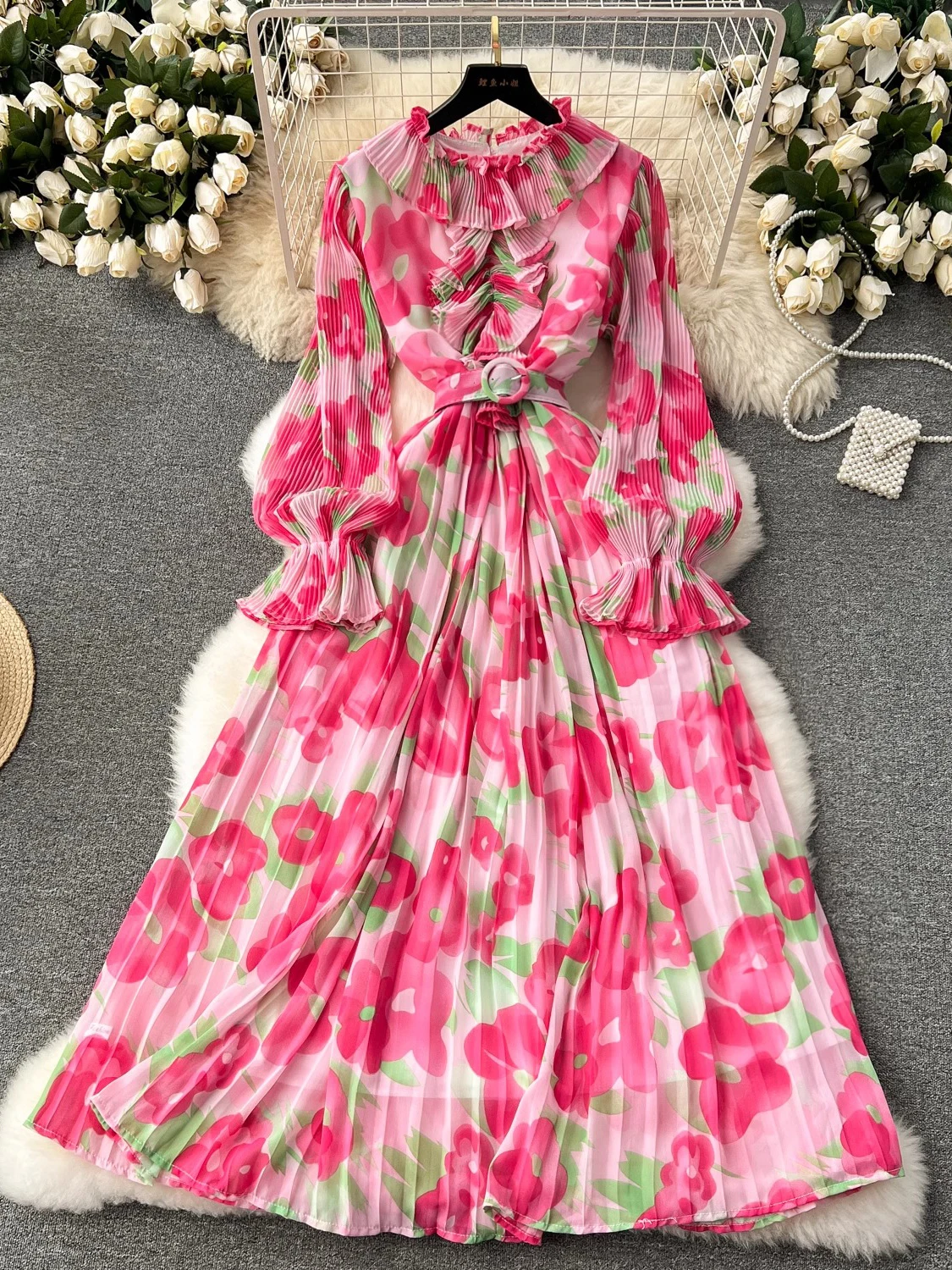 

Spring Autumn Women Floral Printed Ruffle Chiffon Pleated Long Dress Vintage Ruffled Collar Flare Sleeve High Waist Draped Robe