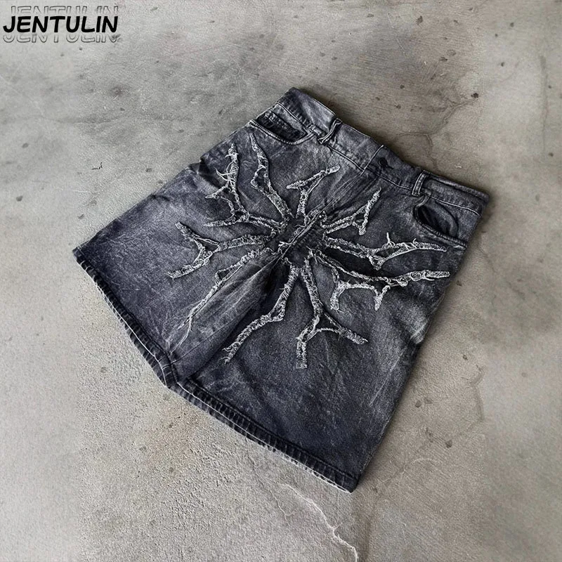 

Винтажные шорты с рисунком паука, унисекс, джинсы Y2K, мужские и женские Harajuku, хип-хоп, ретро, черные мешковатые шорты для спортзала, мужская одежда