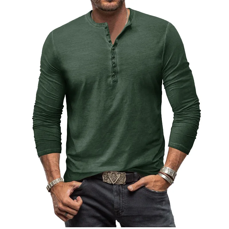 Autumn Men's Tie Dye Henry Slim Fit Retro Long Sleeved Solid Color T-shirt Button V-neck Fashionable Soft Breathable Casual Top