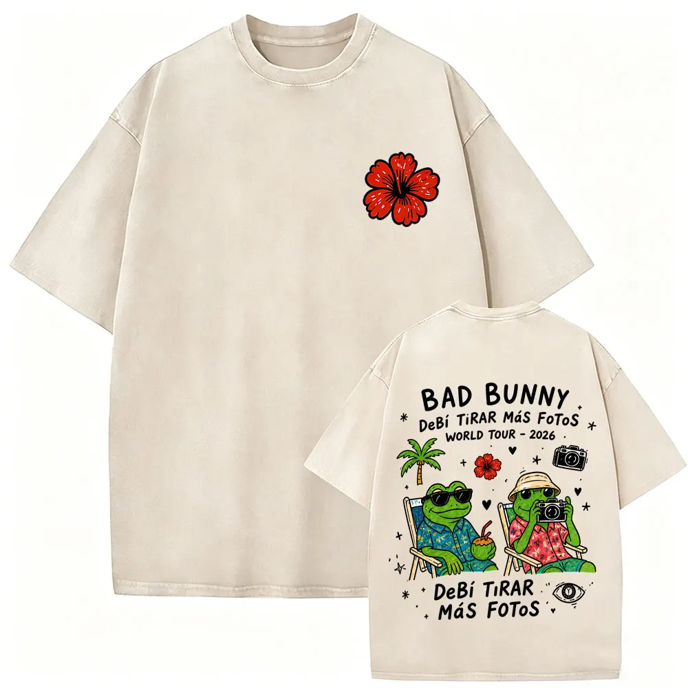 Rapper Bad Bunny Washed Vintage T Shirts Debi Tirar Mas Fotos DTMF World Tour 2026 T-shirt Fashion