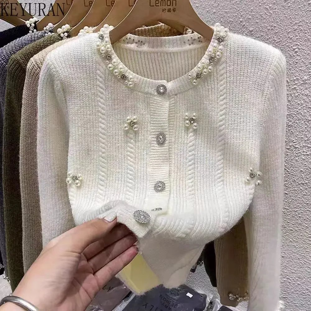 Autumn Pearls Beading Knitted Cardigan Sweater Women Vintage Fashion Long Sleeve Single-breasted Knitwear Crop Top Ladies Jumper