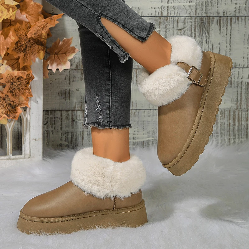 Snow Boots for Women 2024 Winter New Cashmere Boots Fashion Metal Buckle Thick Soles Plush Botas Cotton Shoes for Woman