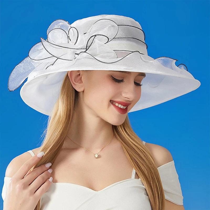 French Vintage Foldable Organza Flowers Hats Women Summer Ruffles Wide Brim Church Bridal Sun Hat Ladies Outdoor Styling Caps