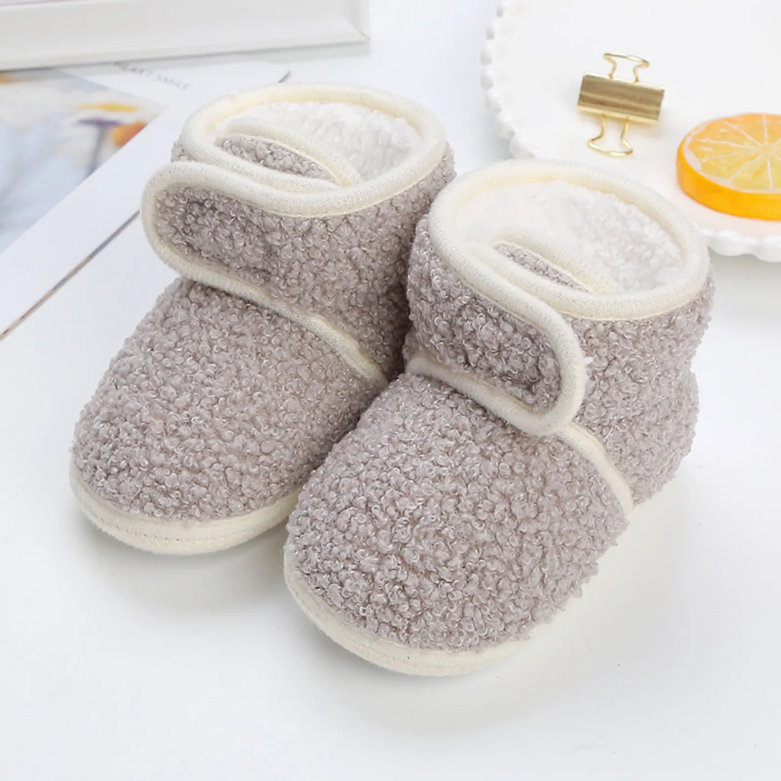 Baby Girl Warm Knit Baby Slippers Toddler Fleece Boots High-top Shoes Fashion Printing Non Slip Breathable Nude Boots