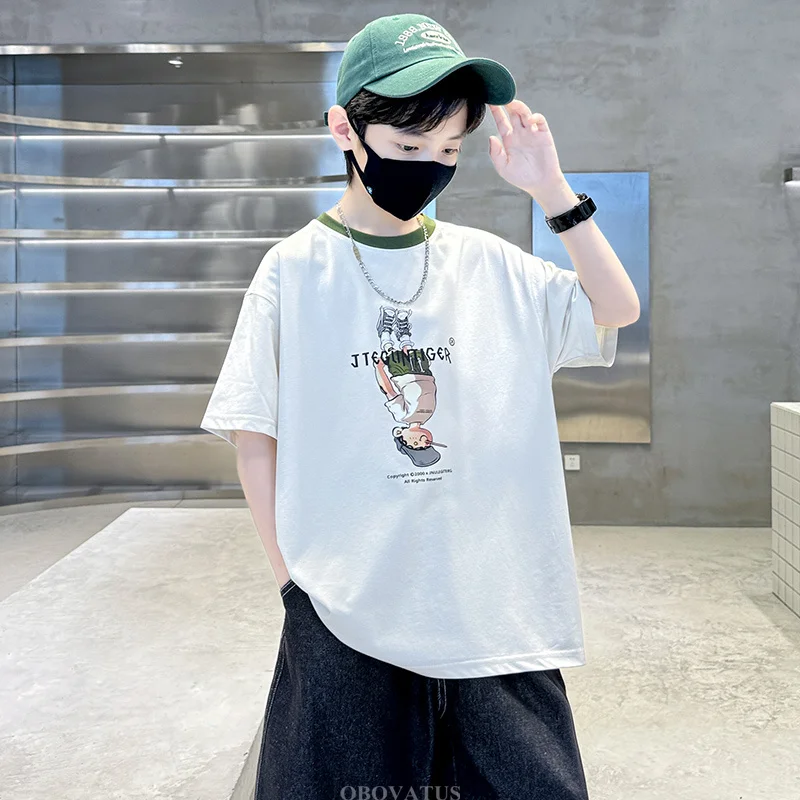 Summer Tees Tops for Teen Boy Cotton T-Shirt New Short Sleeve Fashion Cartoon Tshirts for Children Korea Kids Luxury Clothes