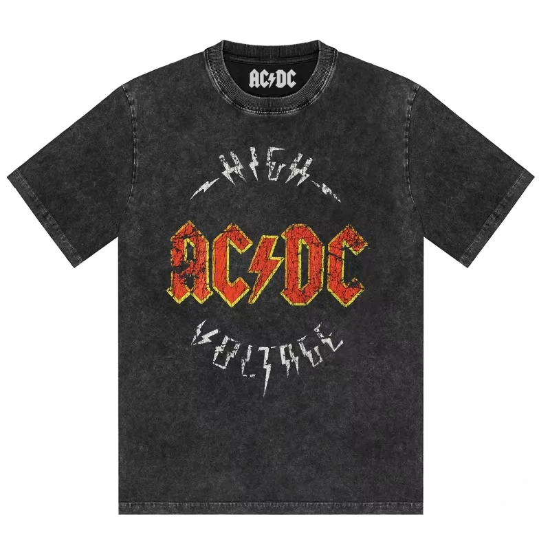 ACDC الفرقة المطبوعة تي شيرت غسلها الرجعية القديمة قصيرة الأكمام العصرية زوجين مريحة فضفاضة عارضة أزياء جديدة ملابس للرجال