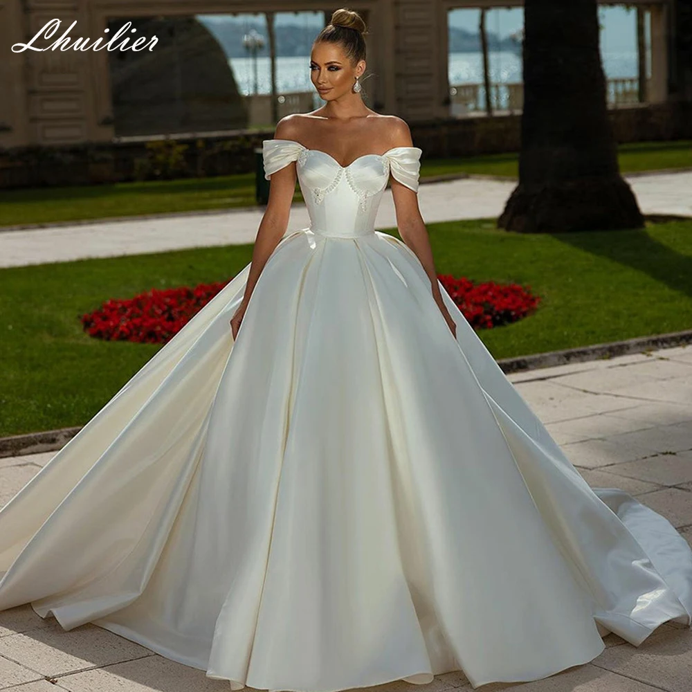 Lhuilier-vestido de novia personalizado con hombros descubiertos, vestidos de novia de satén, vestido de novia elegante con cuentas y perlas y cola de corte