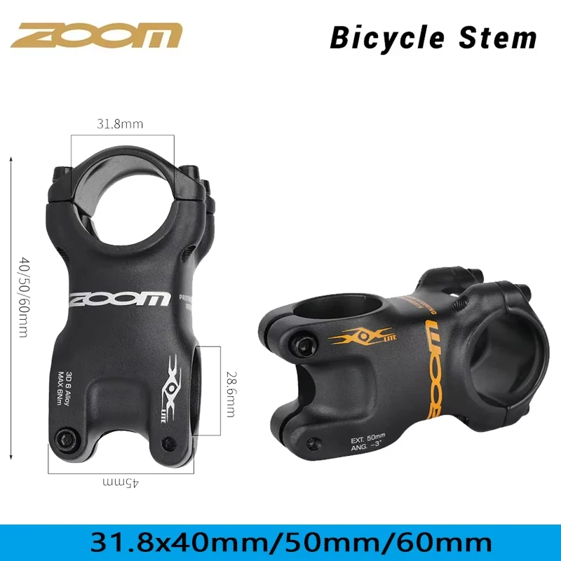 

ZOOM MTB Bicycle Stem 40-60mm ± 3 ° Precision Adjustment Sandblasted Anodized Finish | 28.6mm Compatibility Road/MTB Handlebars