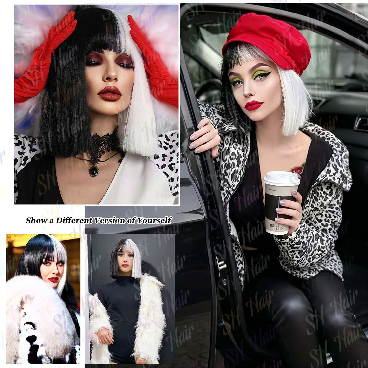 Synthetic Black and White Wig, Short Bob Half Black White Wig with Bangs for Women, Cruella Deville Wig for Cosplay Daily Party