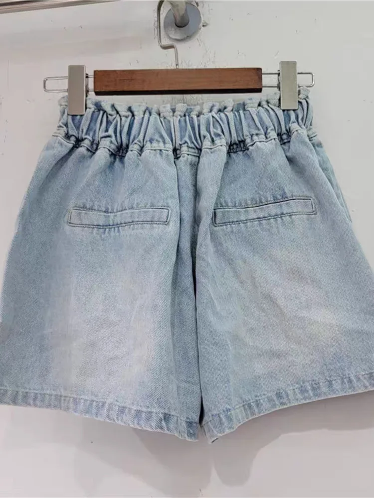 [EWQ] European Colorful Diamond Beads High Waist Wide Leg Pockets Drawstring Blue Denim Shorts Pant 2024 Spring Summer 16U9022