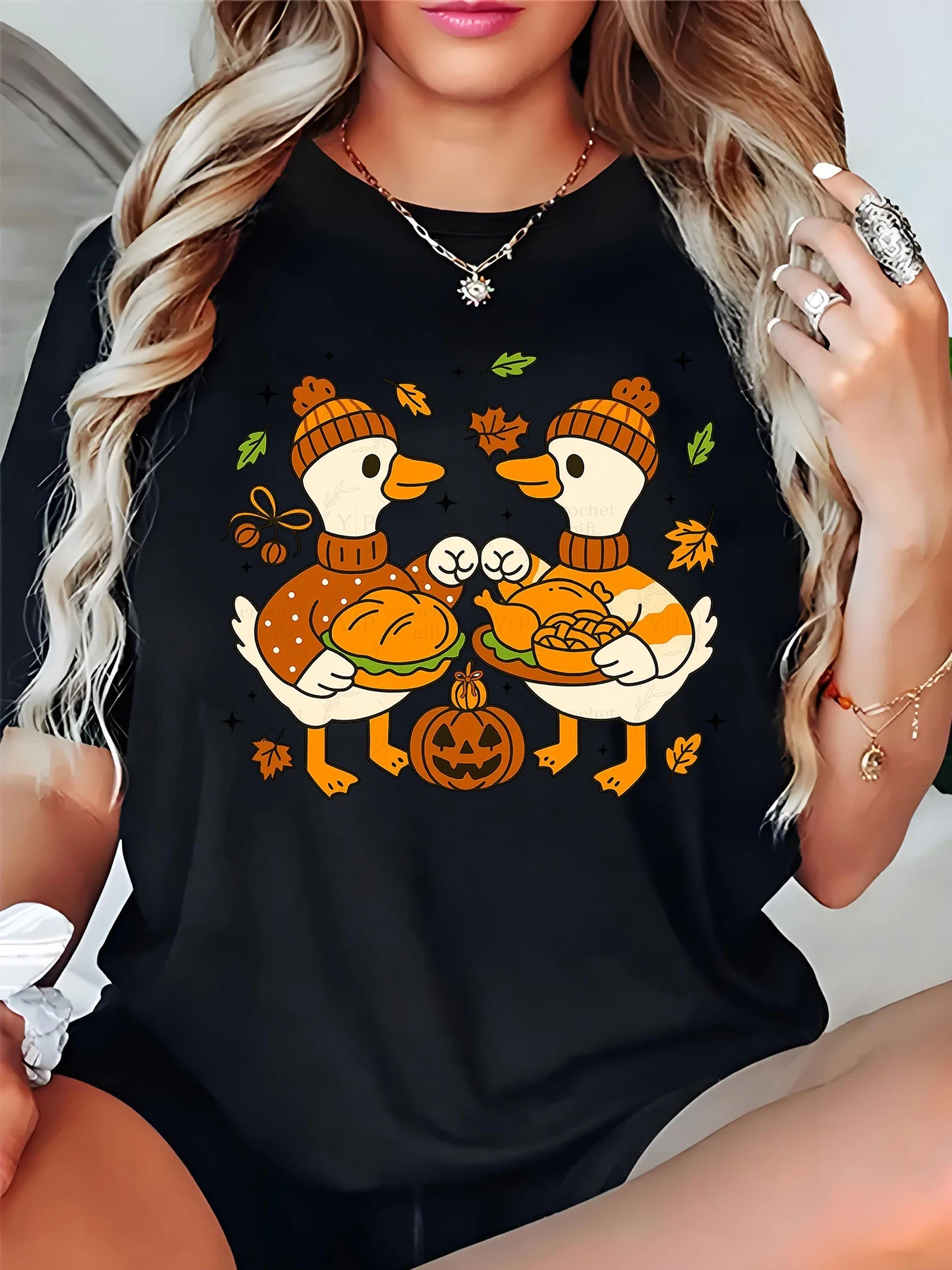レディース サンクスギビング ダック ファミリー プリント ルーズ T シャツ